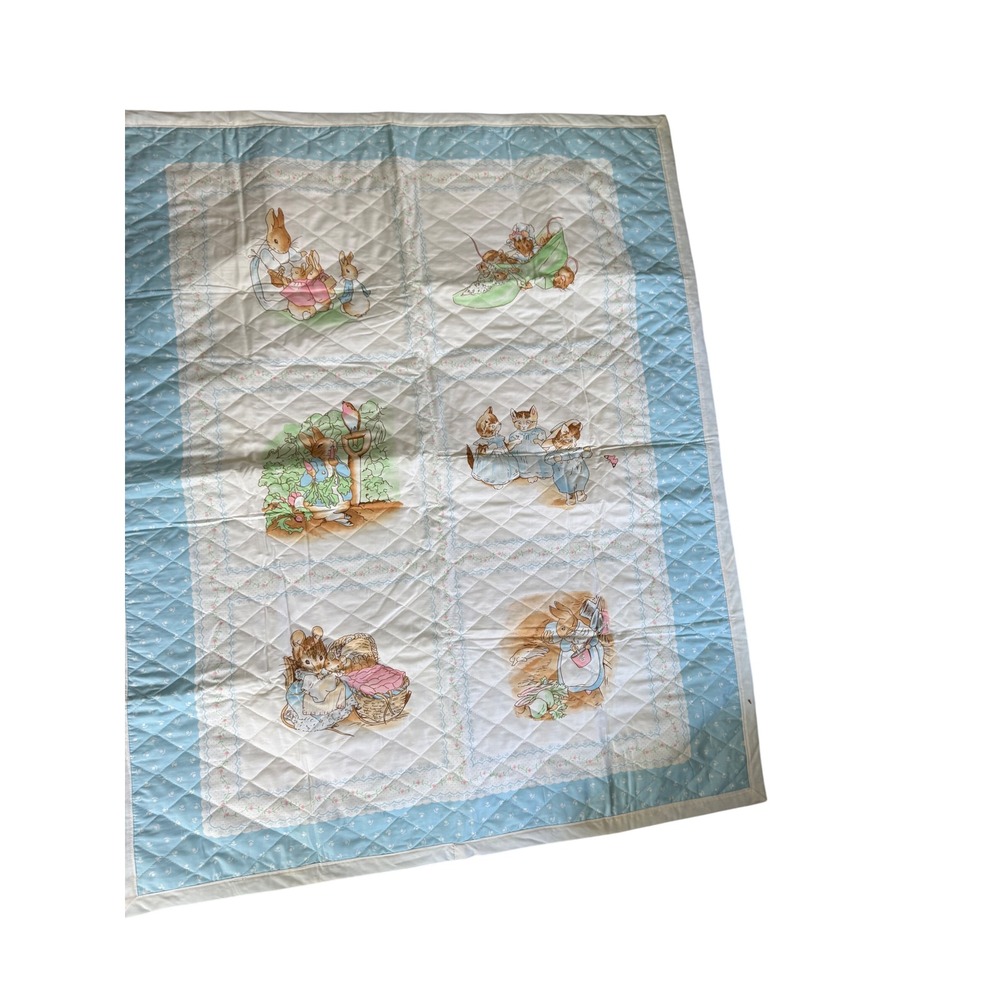 Vintage Beatrix Potter Peter Rabbit Quilted Baby Blanket Blue White 45x35